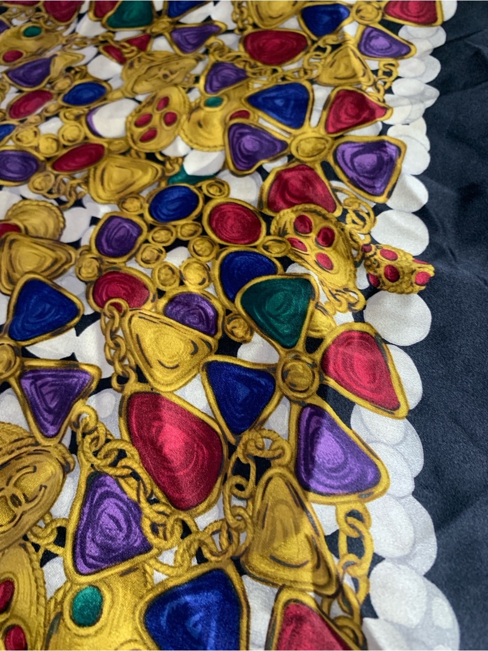 CHANEL Black Silk Scarf with Gold Chain and Gem Motifs - Picture 8 of 16